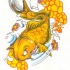 White-eyed golden koi fish and yellow bubbles tattoo design