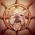 White bulldog head and wooden wheel tattoo design