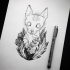 White dotwork cat in herbs tattoo design