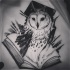 Wise black-and-white owl reading a book tattoo design
