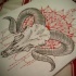 Wonderful grey ram skull on red lace mandala background tattoo design