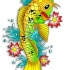 Yellow-and-green fish and red cherry flowers tattoo design