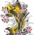 Yellow koi fish with black shadows and pink cherry flowers tattoo design