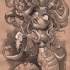 Young cartoon lady Gorgon feeding her reptile hair with mouse tattoo design