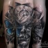 Abstract style colored arm tattoo of woman face with clock and butterfly wing