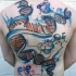 Abstract style colored back tattoo of DNA with formulas