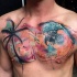 Abstract style colored chest tattoo of palm tree with parrot