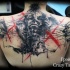 Abstract style colored upper back tattoo of human faces with tree
