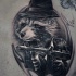 Amazing looking black ink scapular tattoo of raccoon mafioso with Tommy gun