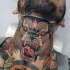 American traditional colored neck tattoo of evil dog face