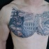 Ancient Rome themed black ink gladiator with arena tattoo on chest combined with angel statue