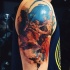 Antic painting style multicolored shoulder tattoo of various angels