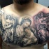 Antic religious themed black ink angelic statues tattoo on chest