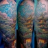Asiatisches buntes Schulter Tattoo mit blauem Drachen und altem Tempel