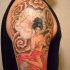 Asian style colored seductive geisha tattoo on shoulder with umbrella