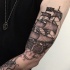 Awesome engraving style sleeve tattoo of big sailing ship with octopus