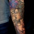 Beautiful Asian Geisha with nice hairdo and violet flower detailed colored forearm tattoo