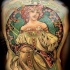 Beautiful designed colorful illustrative style whole back tattoo of sweet woman in wonderful dress with flowers