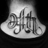 Beautiful looking black ink neck tattoo of mystic lettering