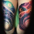 Beautiful looking illustrative style knee tattoo of deep space
