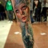 Beautiful new school style colored leg tattoo of woman with acrobat