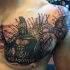 Big black and white chest tattoo of Spartan army