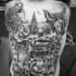 Tatuaje en la espalda,
parca con guadaña, estatua y montón de cráneos