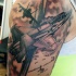 Schwarzer und grauer Stil erstaunlich aussehendes Schulter Tattoo mit modernen Militärflugzeugen