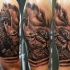 Black and gray style awesome looking shoulder tattoo of Icarus with wooden horse
