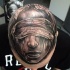 Black and gray style creepy looking blind woman face tattoo on head