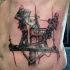 Black and gray style detailed belly tattoo of linemen workers
