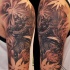 Black and gray style detailed shoulder tattoo of samurai warrior and flowers
