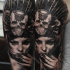 Black and gray style detailed shoulder tattoo of mysterious woman stylized with skull