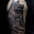 Black and gray style detailed shoulder tattoo of Egypt God Anubis