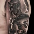 Black and gray style detailed shoulder tattoo of antic warrior