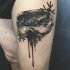 Black and gray style detailed thigh tattoo of snowboard glasses