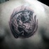 Black and gray style detailed upper back tattoo of big globe