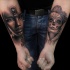 Black and gray style gorgeous looking forearm tattoo of mystical women with masks