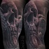 Black and gray style mystical looking arm tattoo of human skull stylized with angel wings