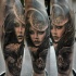 Black and gray style mystical looking leg tattoo of woman with moon
