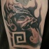 Black and gray style shoulder tattoo of antic stone statue