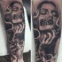 Black and gray style smoking demonic woman tattoo on leg