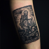 Black ink arm tattoo of Death card with skeleton