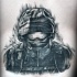 Black ink back tattoo of modern soldier