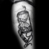 Black ink detailed tattoo of sand clock with skeleton hand and rope