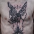 Black ink fantasy style chest and belly tattoo of woman-eagle