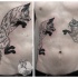 Black ink illustrative style belly tattoo of fox and rabbit