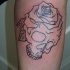 Black ink traditional skull with rose flower contour tattoo in homemade style