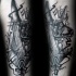 Black ink typical arm tattoo of Egypt God with symbols