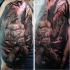 Black nad gray style stunning looking werewolf transformation tattoo on shoulder